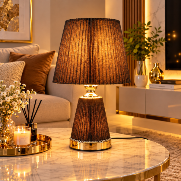 Lampe de Table Plissée Marron Élégante avec Finition Dorée