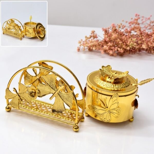 Ensemble Boîte à Sucre & Porte-Serviettes 3 Pièces – Motif Fleurs & Papillon Doré – Acier Inoxydable & Verre