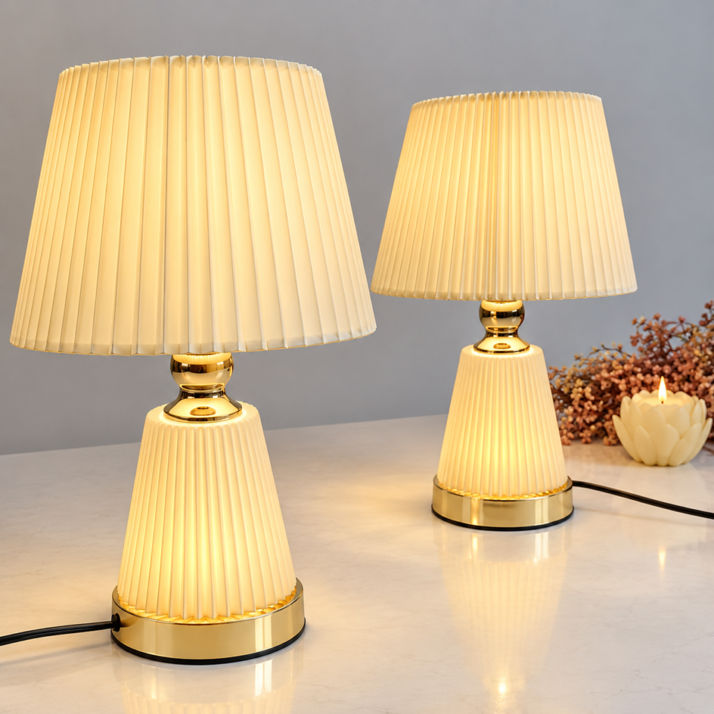 Lampe de Table Élégante Plissée avec Finitions Dorées – Beige