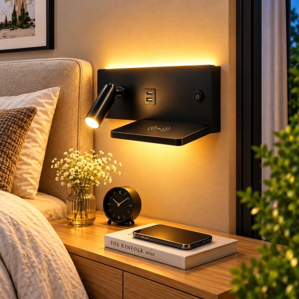 Applique Murale LED avec Chargeur Sans Fil – Lampe de Chevet Multifonction