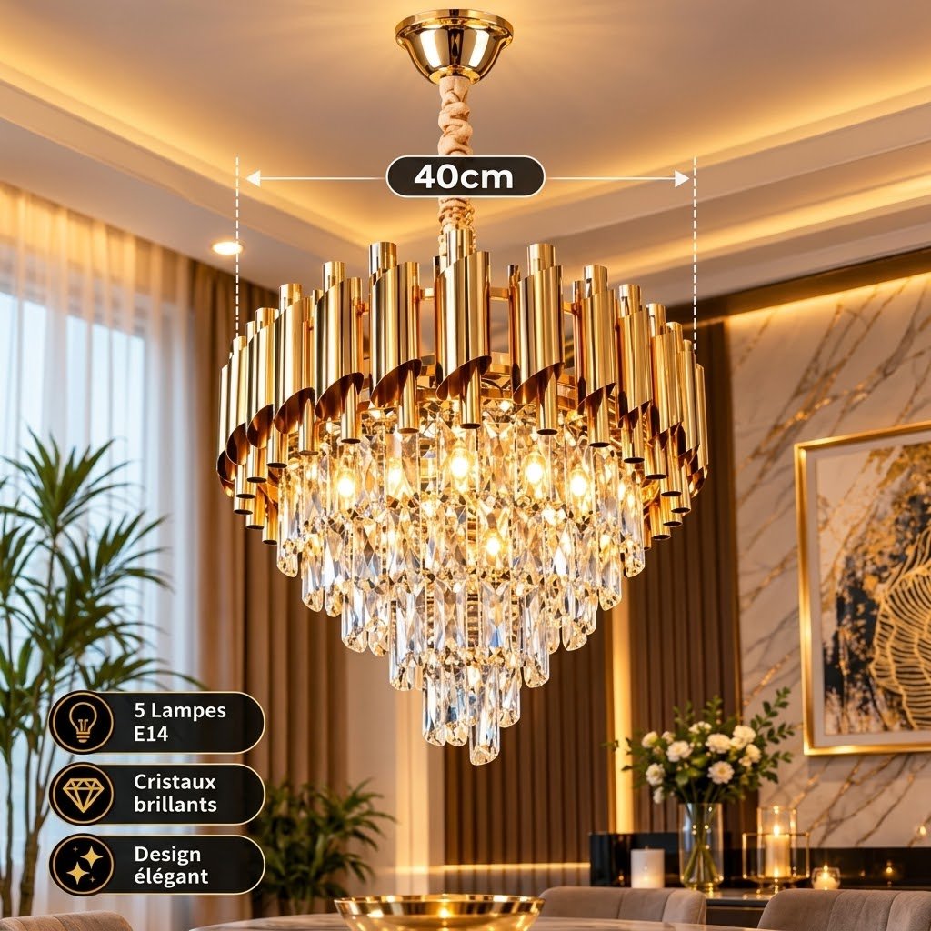 Lustre Cristal Doré Élégant – 40 cm – 5 Lampes
