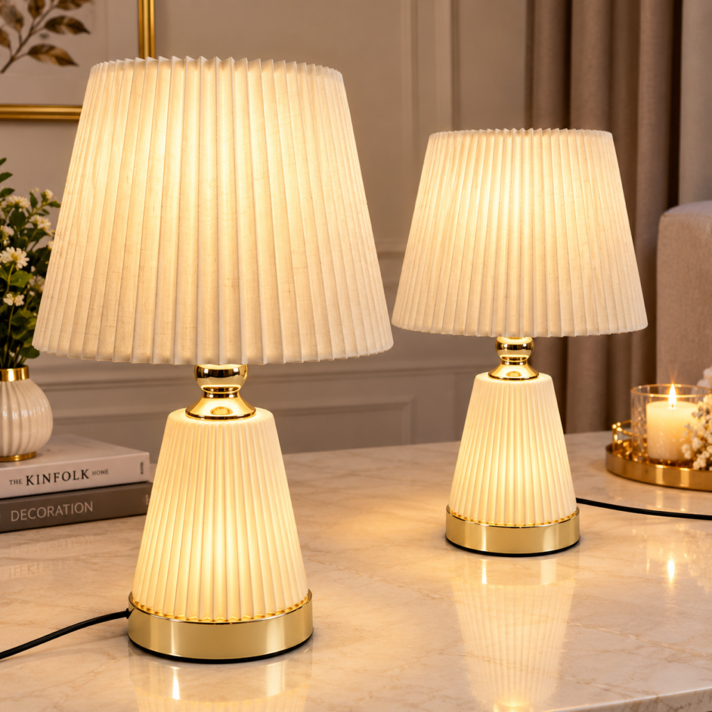 Lampe de Table Plissée Élégante avec Abat-Jour en Tissu