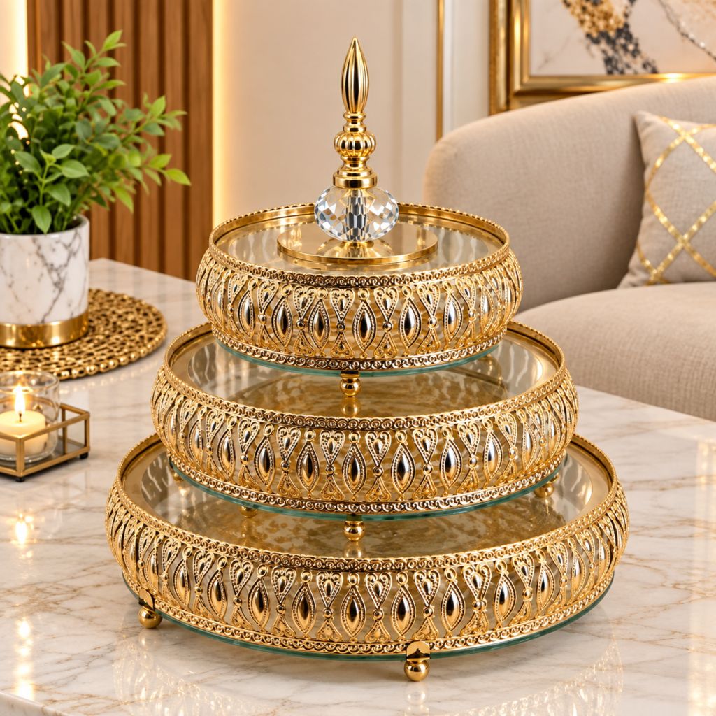 Ensemble de 3 Bonbonnières Rondes Décoratives Dorées – 25 cm, 20 cm et 15 cm