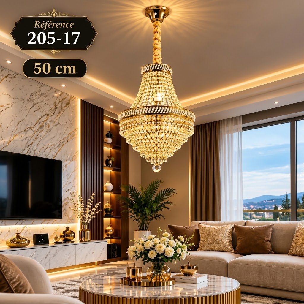 Lustre Suspension Cristal Élégant – Design Cascade – 50 cm– 4 lampes E14