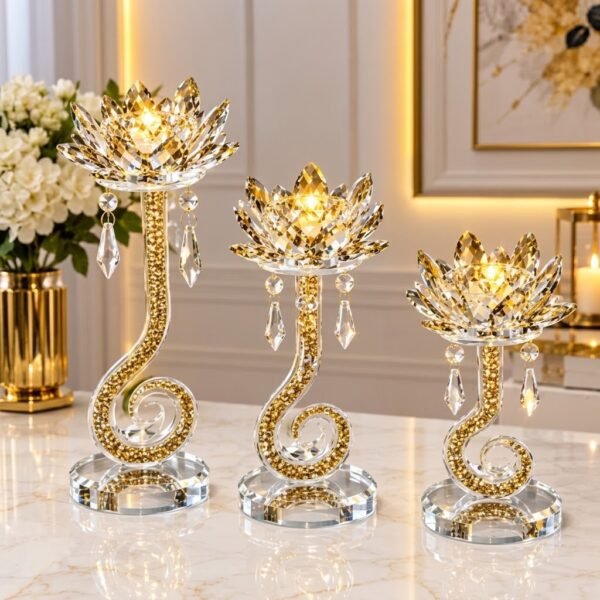 Bougeoirs Décoratifs Dorés en Cristal – Lot de 3 Pièces