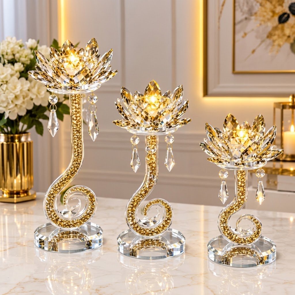 Bougeoirs Décoratifs Dorés en Cristal – Lot de 3 Pièces