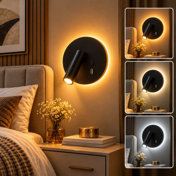 Applique Murale LED Noire Rond Orientable – 3 Temps