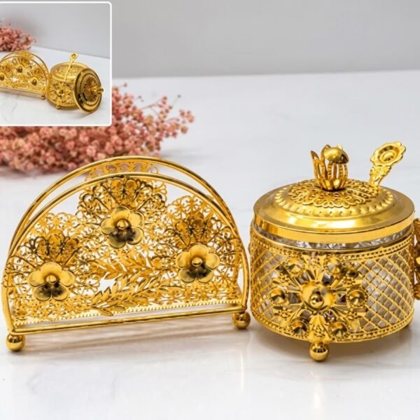 Ensemble Boîte à Sucre & Porte-Serviettes 3 Pièces – Motif Floral Doré – Acier Inoxydable & Verre