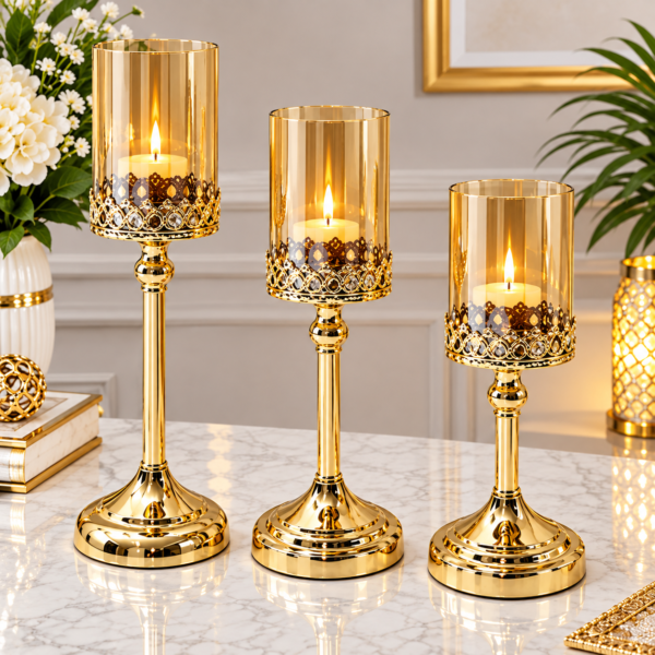 Ensemble de 3 Bougeoirs Dorés en Verre – Design Élégant