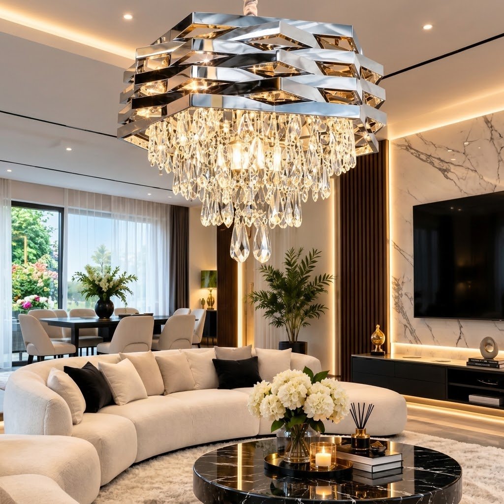 Lustre Cristal Prestige Argent – Design Moderne 50 cm