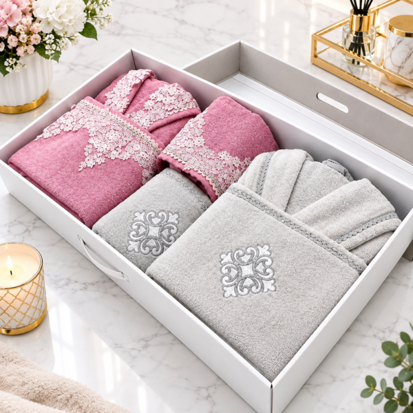 Ensemble de Serviettes de Bain 100% Coton – Rose & Gris – Coffret Élégant