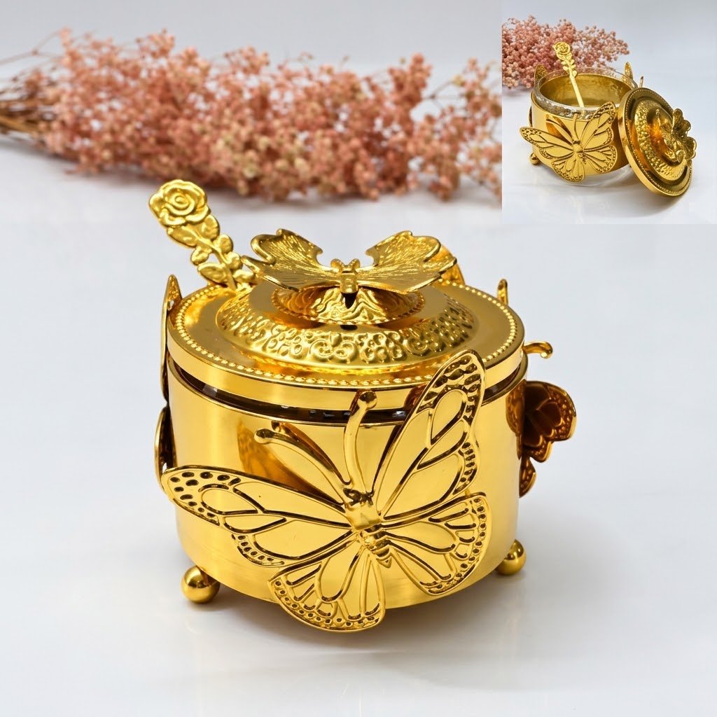 Boîte à Sucre Décorative Dorée avec Motif Papillon – Acier Inoxydable & Verre