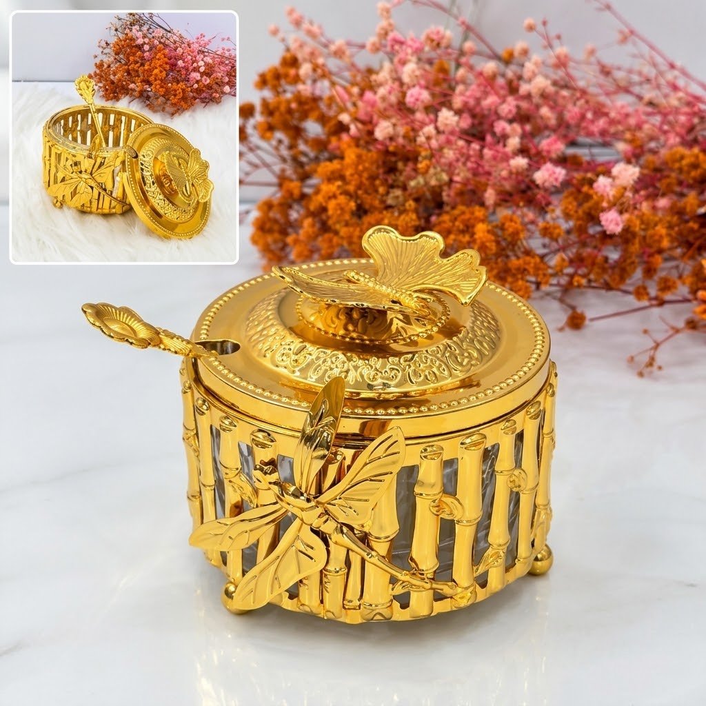 Boîte à Sucre Dorée avec Couvercle & Cuillère – Motif Papillon et Feuilles – Acier Inoxydable & Verre