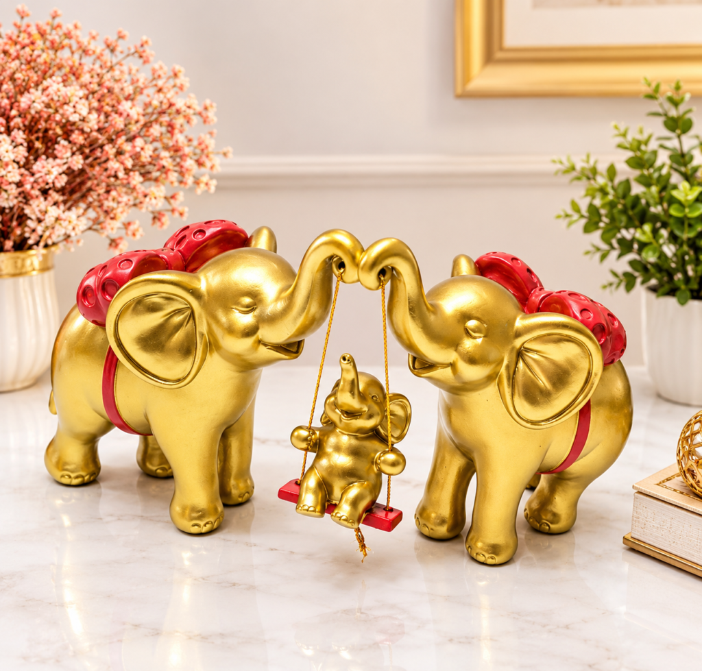 Statuette Décorative Éléphants Dorés avec Éléphant Suspendu