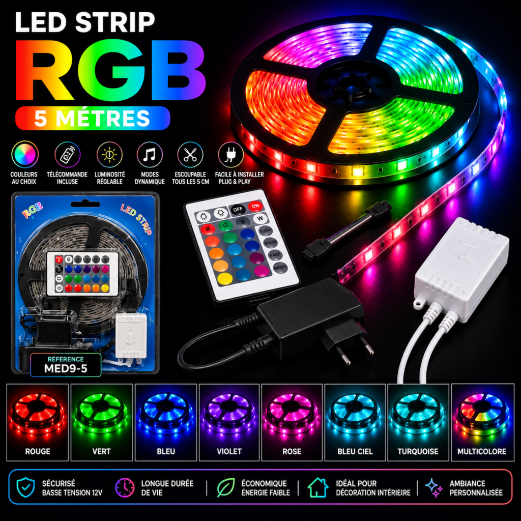 LED RGB 5 Mètres avec Télécommande – Éclairage Multicolore