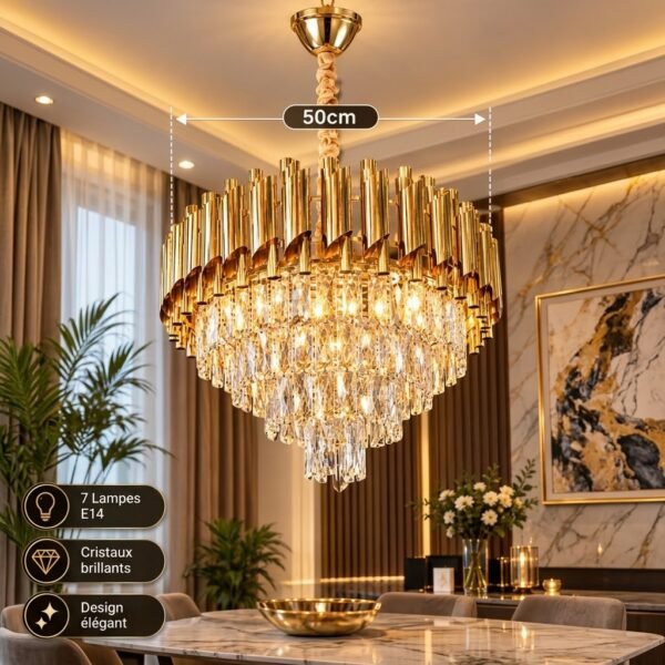 Lustre Cristal Doré Luxueux – 50 cm – 7 Lampes