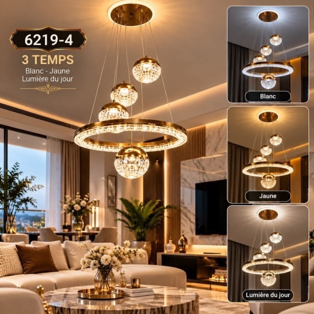 Lustre LED Doré avec Anneaux et Boules en Cristal – 3 Températures de Lumière