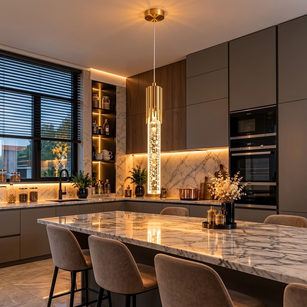 Suspension LED Cylindrique en Cristal à Bulles et Finition Dorée Luxe