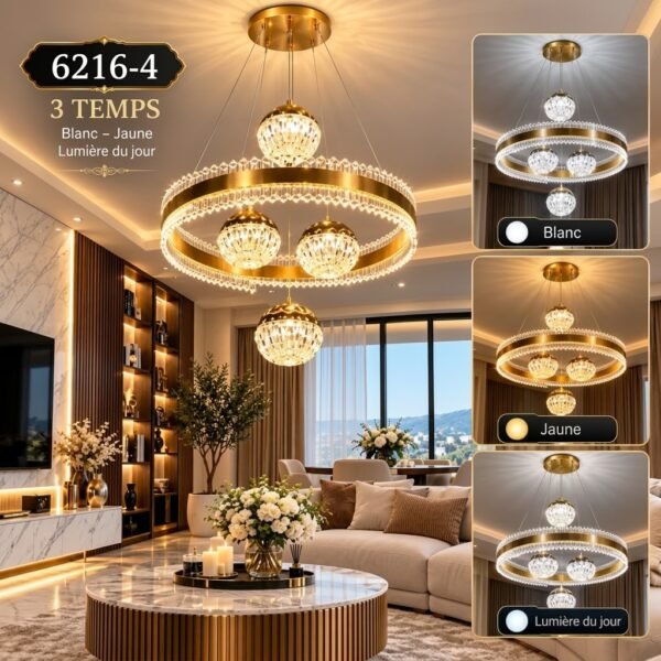 Lustre LED Doré à Anneau avec 4 Boules en Cristal – 3 Températures de Lumière
