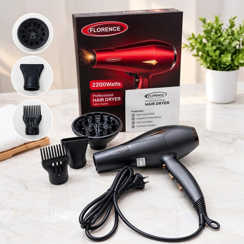 Sèche-Cheveux Professionnel Florence 2200W avec 3 Accessoires