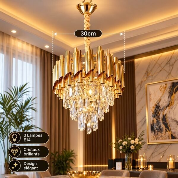 Lustre Cristal Doré Compact – 30 cm – 3 Lampes