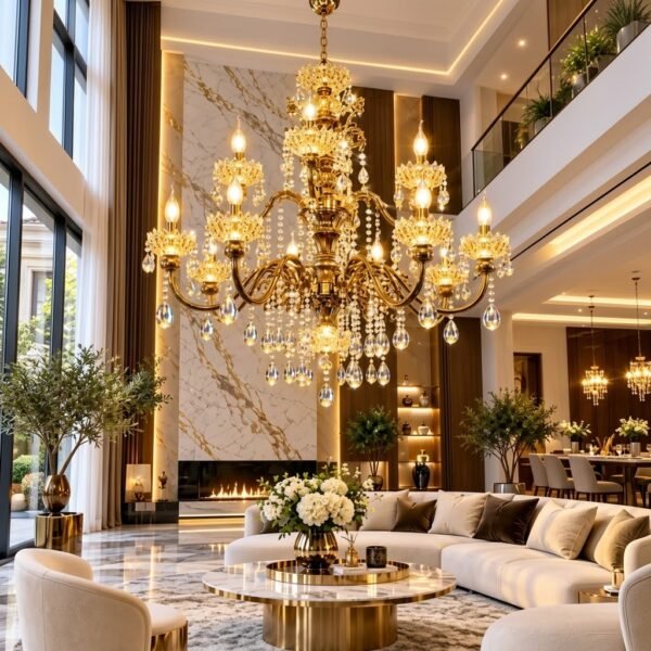 Lustre à Cristaux Doré 8+4 Lampes – Design Luxueux