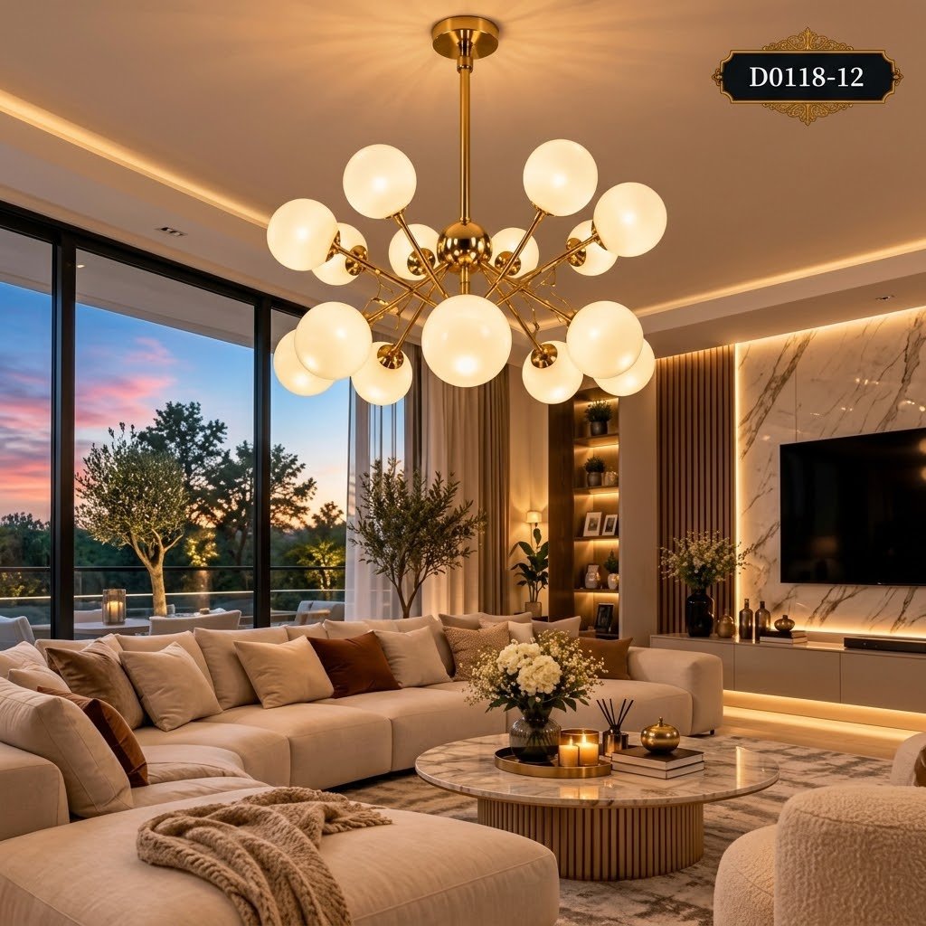 Lustre Suspension Doré Moderne – 12 Branches – Design Boule