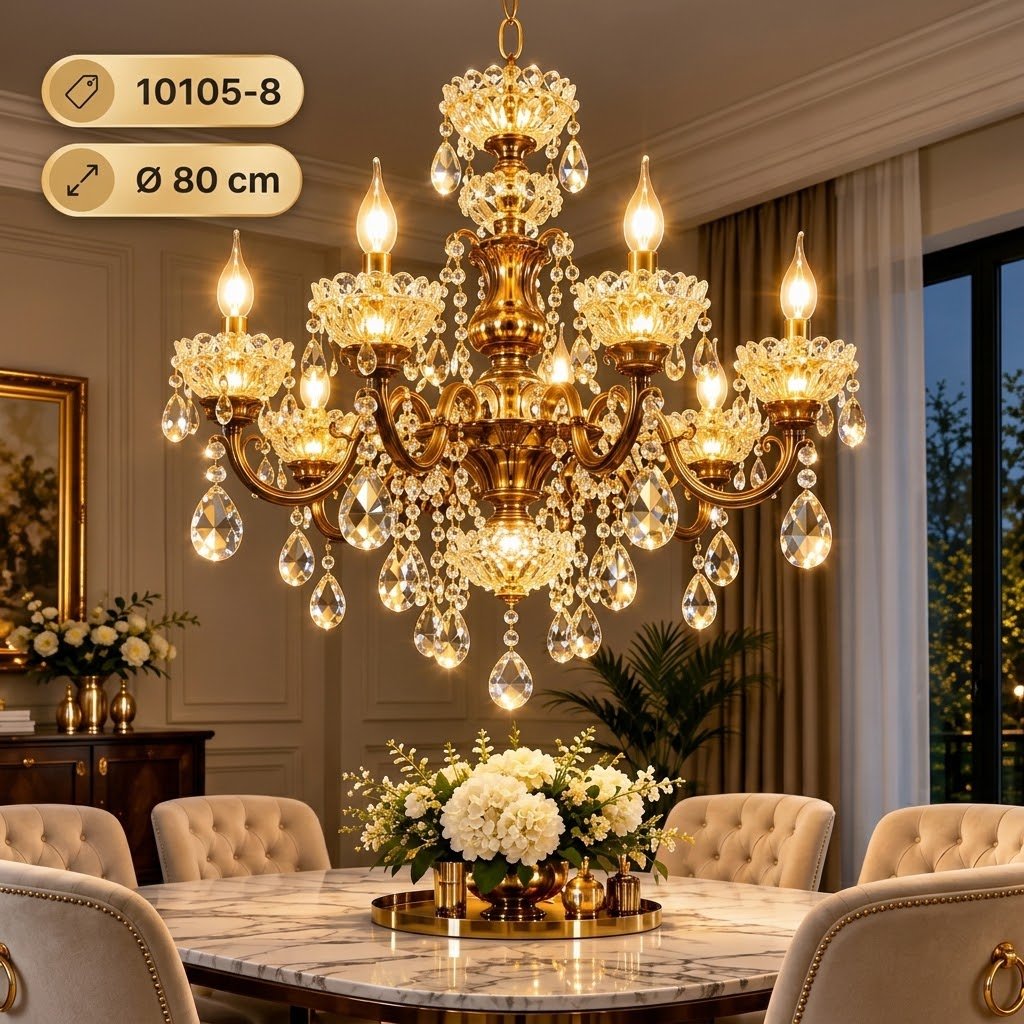 Lustre à Cristaux Doré 8 Lampes – Design Luxueux
