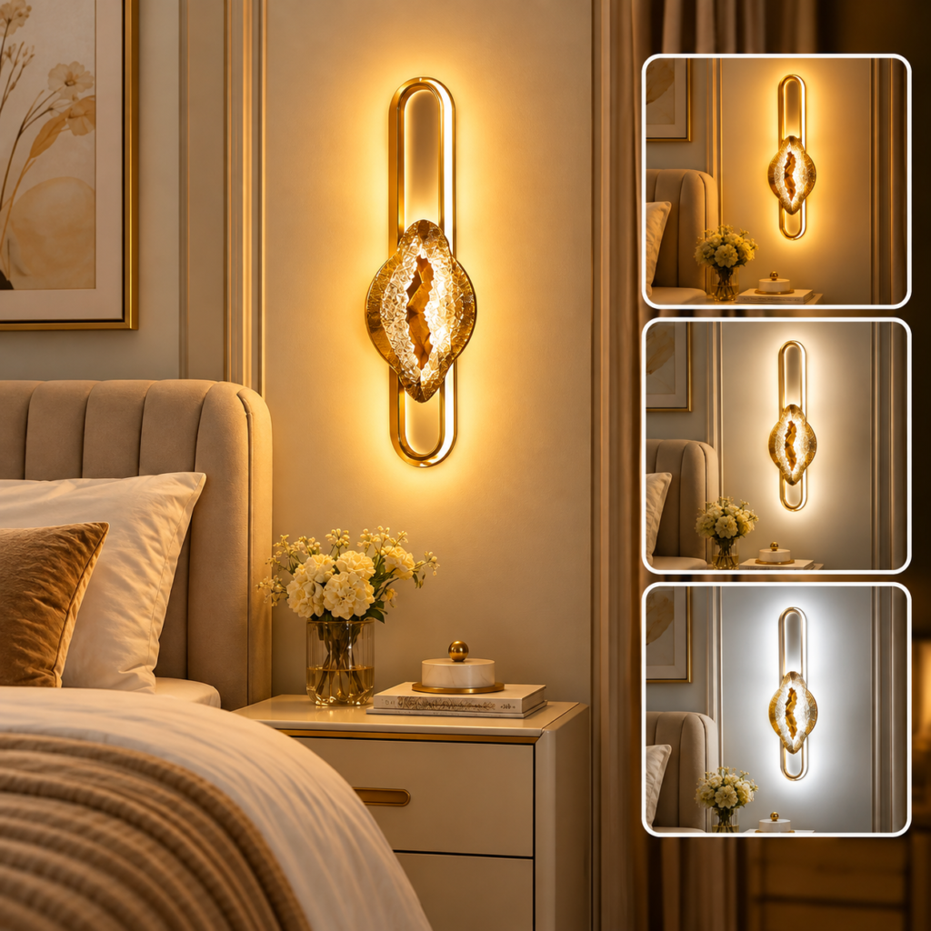 Applique Murale LED Dorée Cristal – 3 Temps