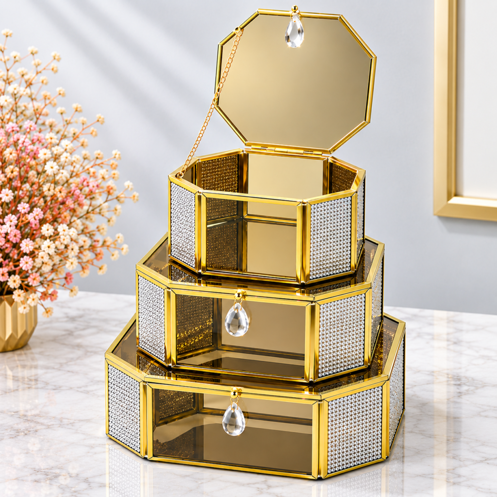 Boîte de Rangement Décorative en Verre & Métal Doré – Set de 3 Pièces