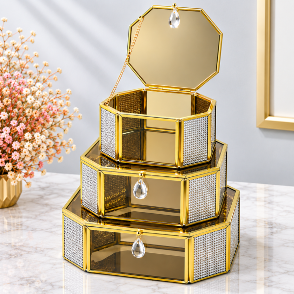 Boîte de Rangement Décorative en Verre & Métal Doré – Set de 3 Pièces