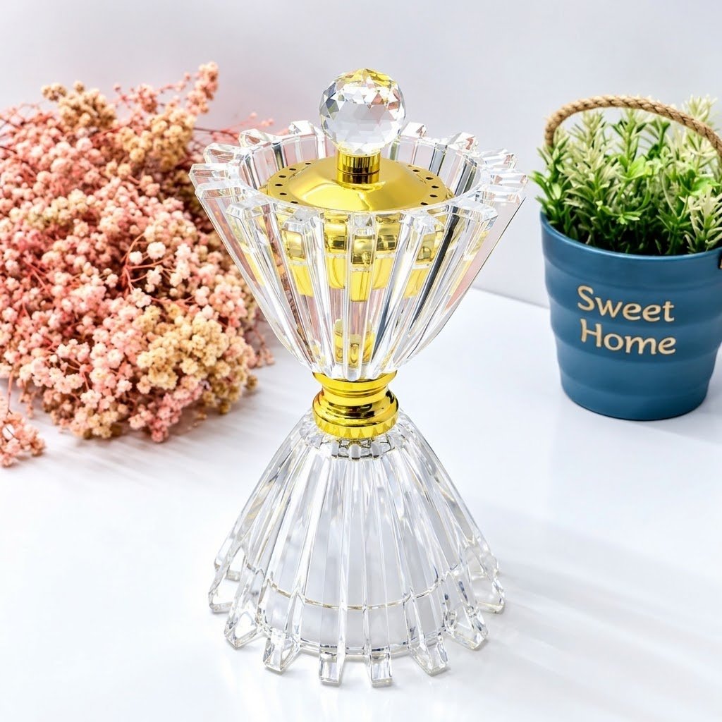 Brûle-Parfum Décoratif en Verre Cristal avec Finition Dorée