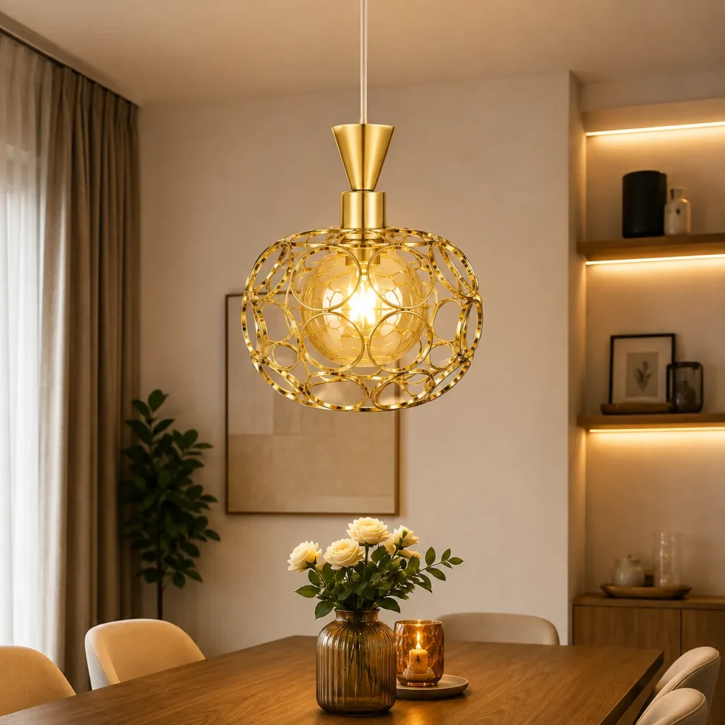 Suspension Dorée Design avec Verre Ambré