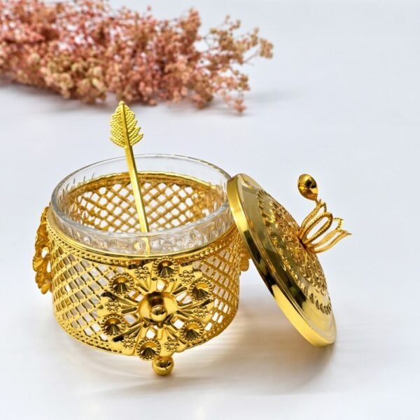 Boîte à Sucre Dorée avec Motif Papillon – Acier Inoxydable & Verre