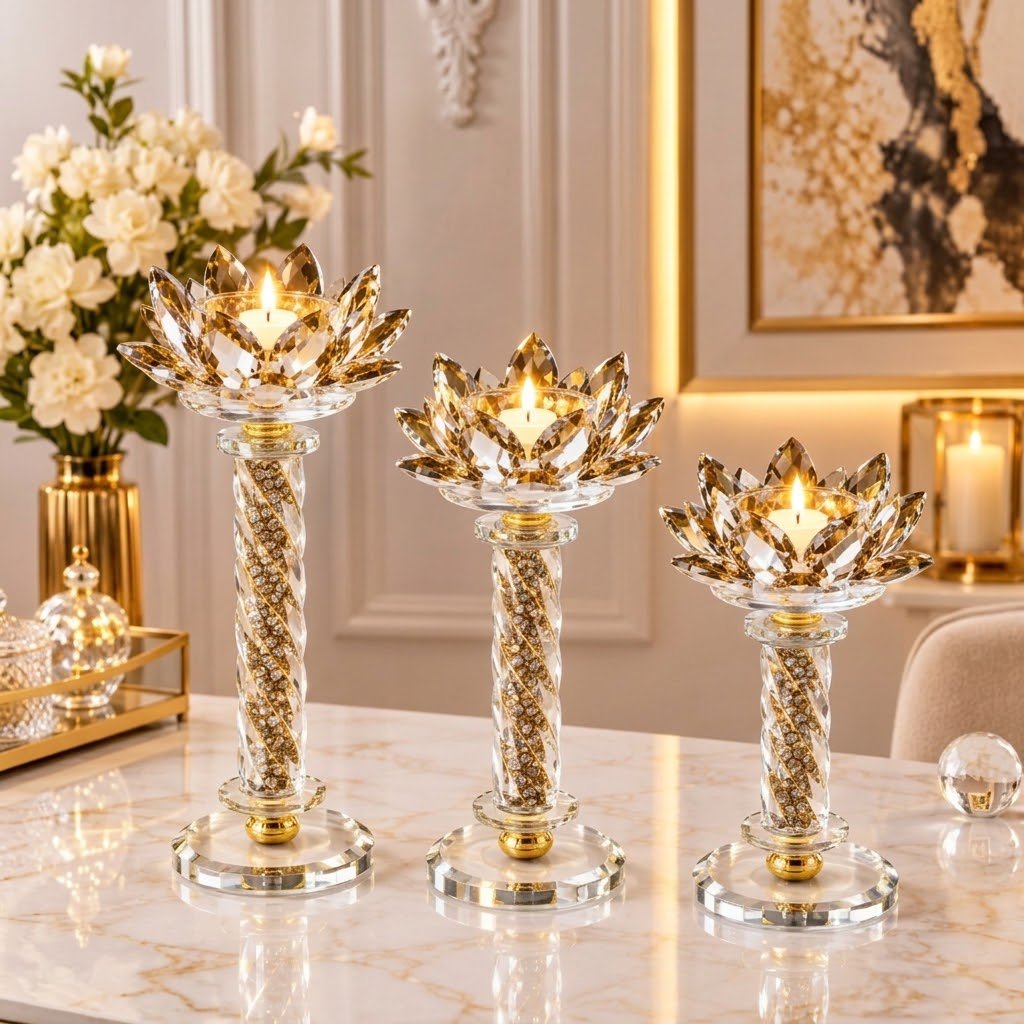 Bougeoirs Décoratifs en Cristal avec Fleur Dorée – Lot de 3 Pièces