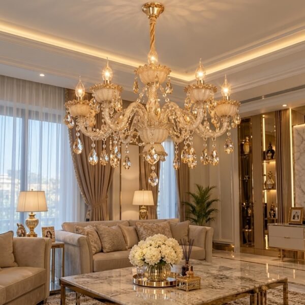 Lustre Classique Doré à Pampilles Cristal – 8 Branches – Design Élégant