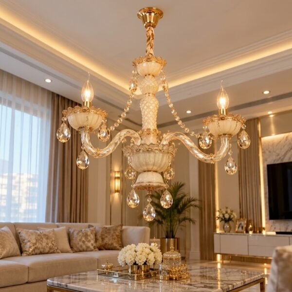 Lustre Classique Doré à Pampilles Cristal – 3 Branches – Design Élégant