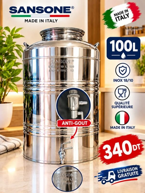 Citerne à Huile Supermonte 100L en Inox 18/10 avec Robinet Anti-Gouttes – Made in Italy