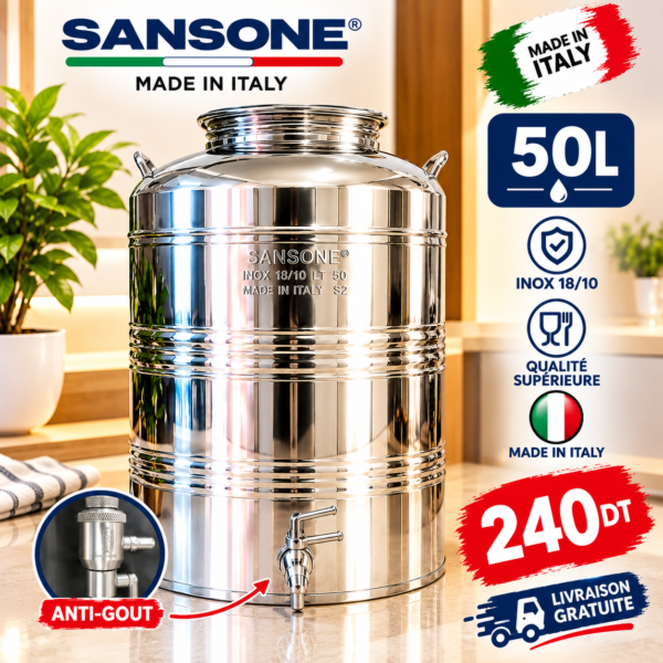 Citerne à Huile Supermonte 50L en Inox 18/10 avec Robinet Anti-Gouttes – Made in Italy