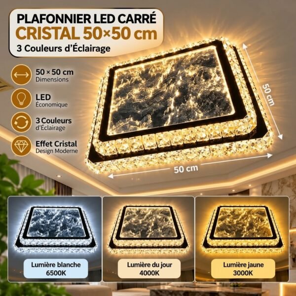 Plafonnier LED Carré Cristal 50×50 cm – 3 Couleurs d’Éclairage