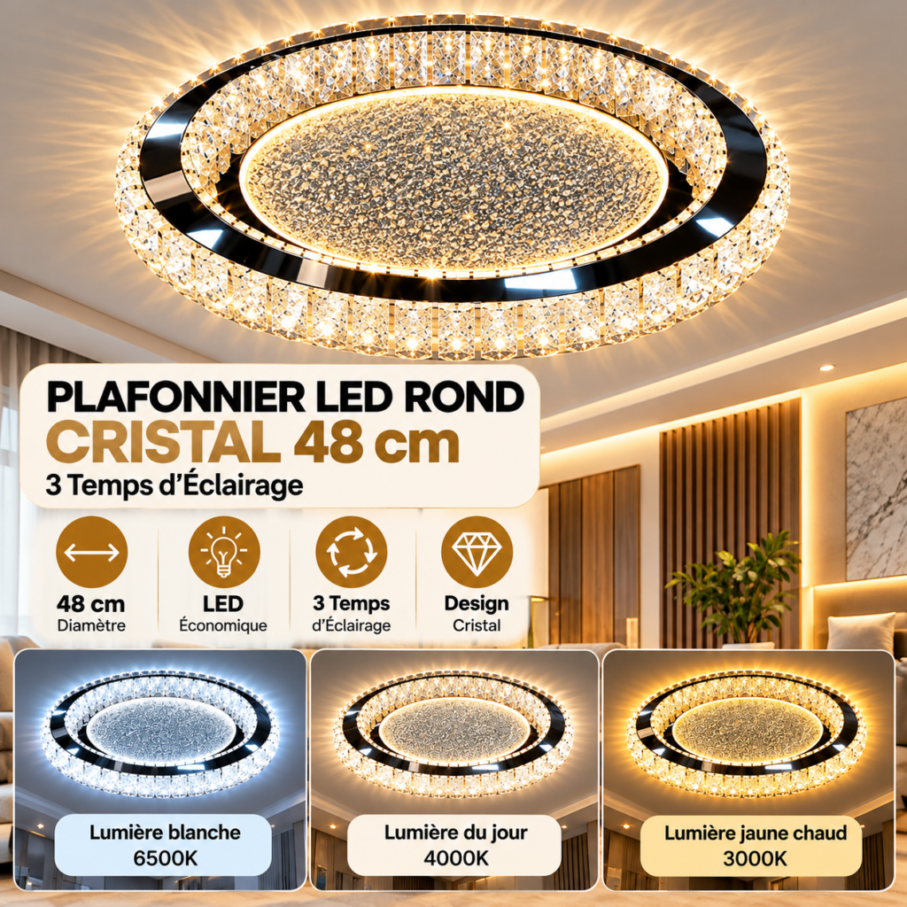 Plafonnier LED Rond Cristal 48 cm – 3 Temps d’Éclairage