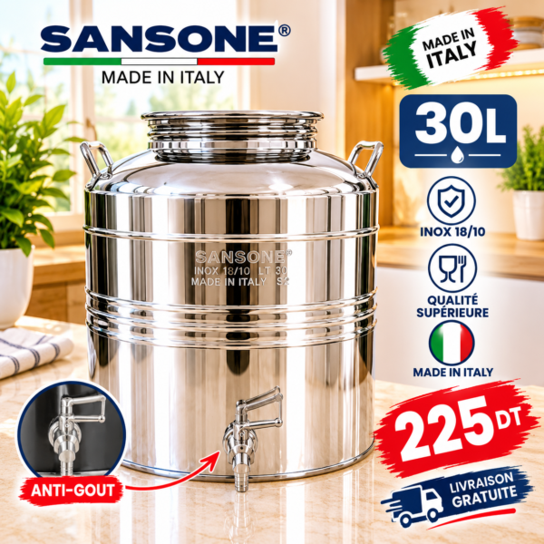 Citerne à Huile Supermonte 30L en Inox 18/10 avec Robinet Anti-Gouttes – Made in Italy