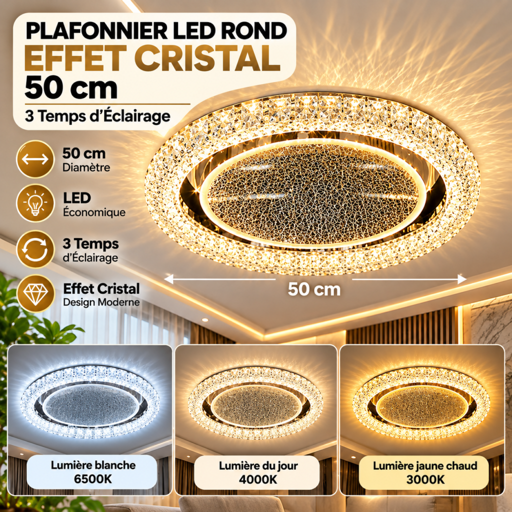 Plafonnier LED Rond Effet Cristal 50 cm – 3 Temps d’Éclairage
