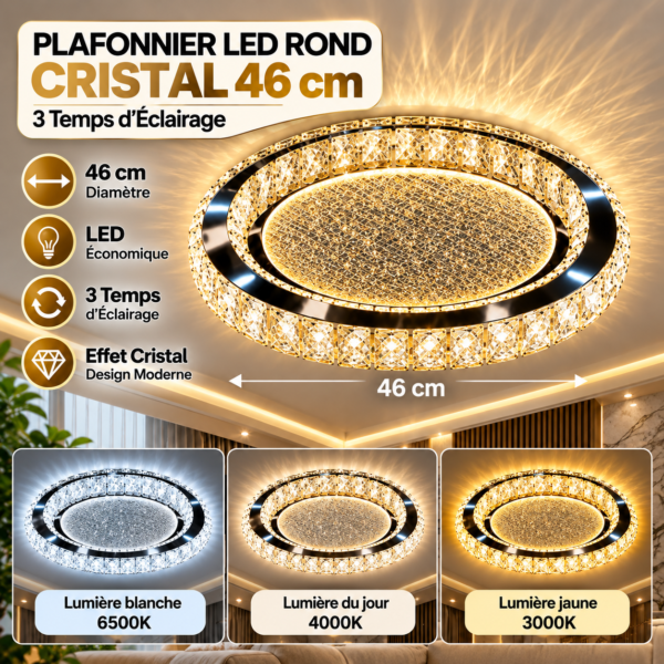 Plafonnier LED Rond Cristal 46 cm – 3 Temps d’Éclairage