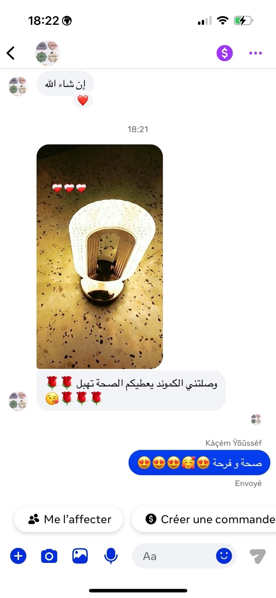 Capture d’écran : une cliente envoie la photo de sa lampe allumée et remercie