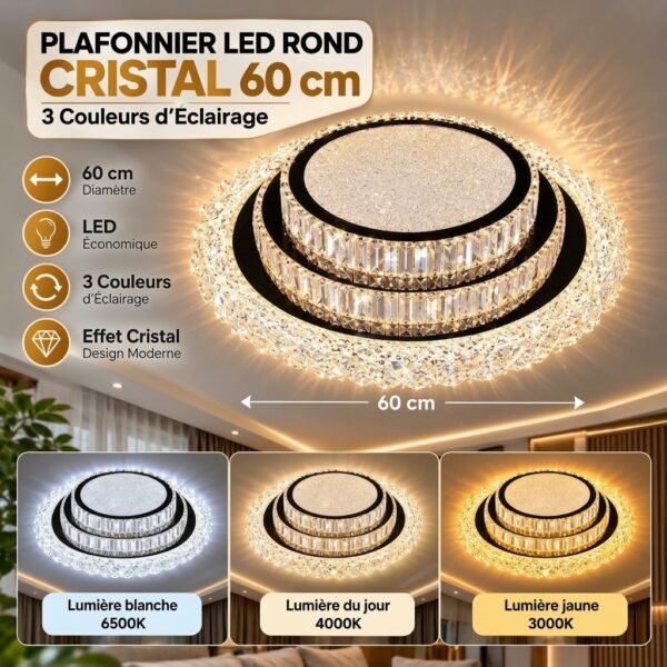 Plafonnier LED Rond Cristal 60 cm – 3 Couleurs d’Éclairage
