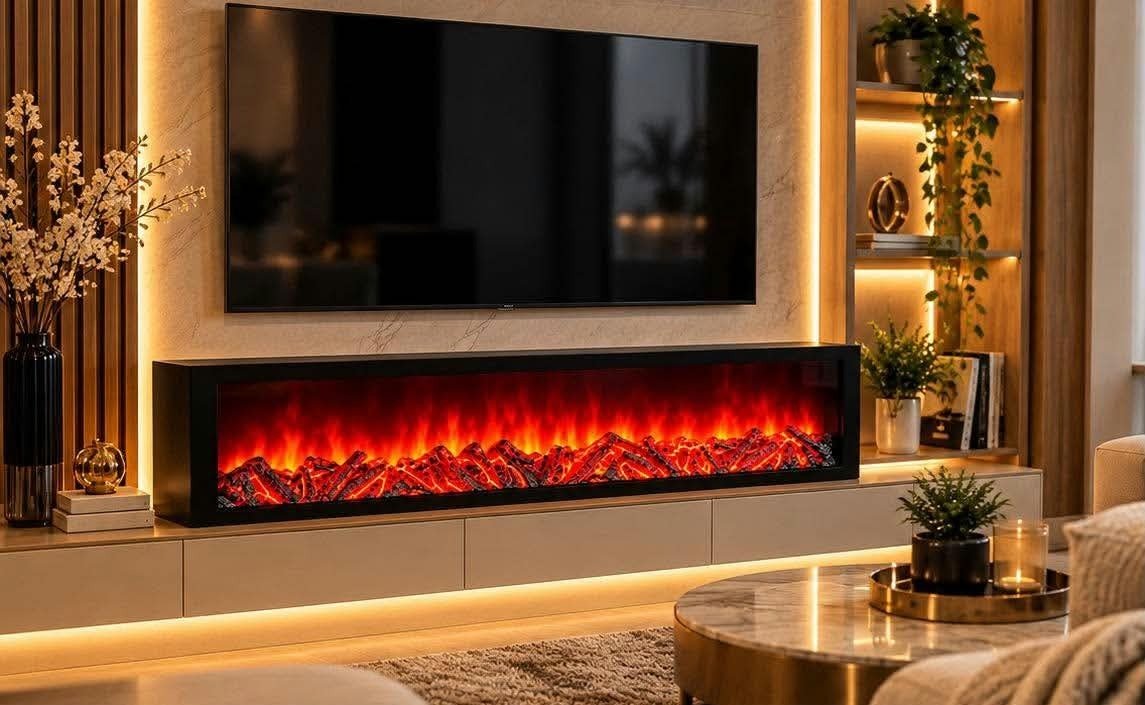 Cheminée électrique décorative 1 mètre effet flammes 3D sous une télévision